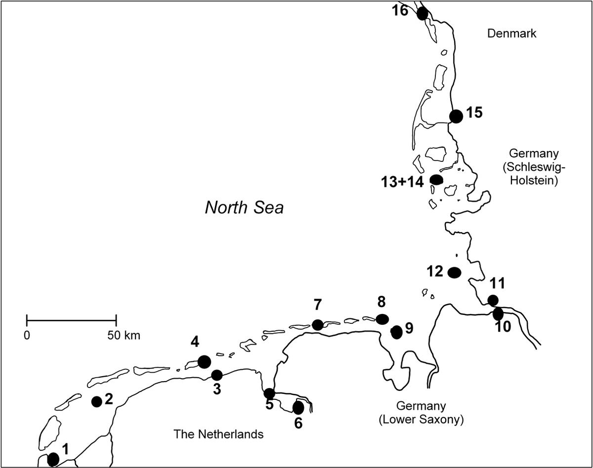 Figure 1. Annual sampling sites of common tern and oystercatcher eggs analysed for contaminants since 1998. 
