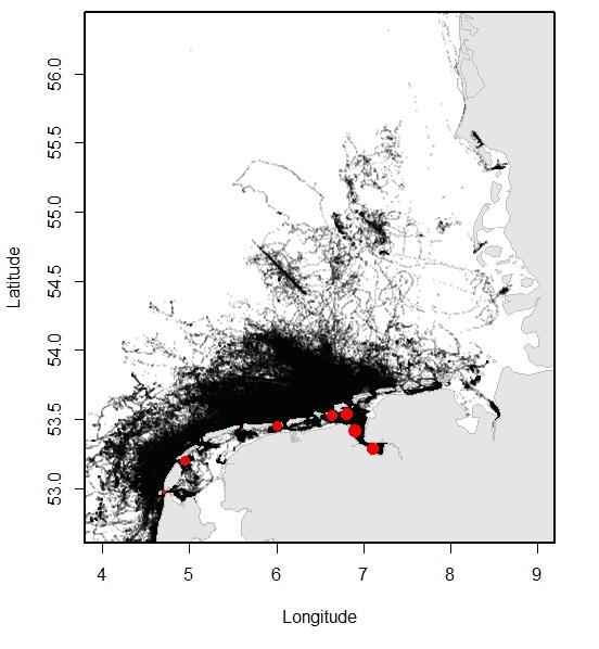 Figure 13A. Overview of the locations of harbour seals tracked from the Dutch Wadden Sea