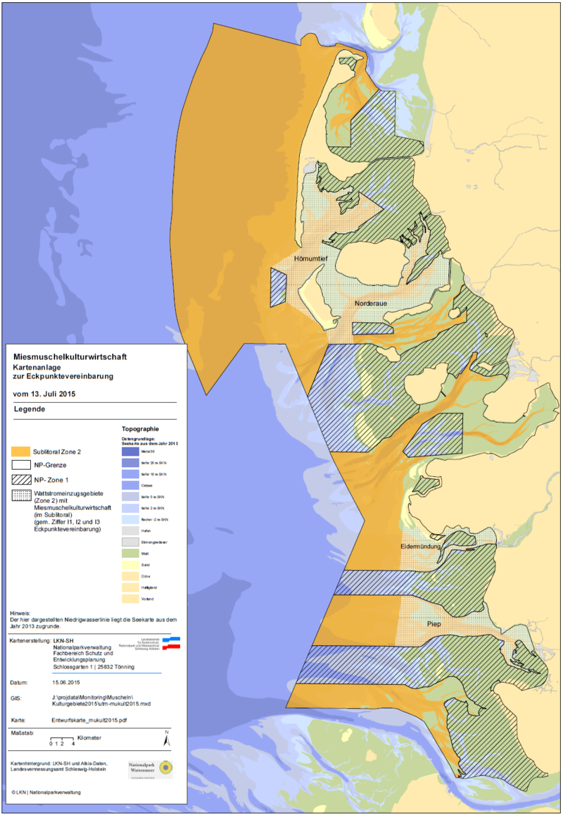 Figure 7. Areas open for blue mussel fishery (dotted areas) in Schleswig-Holstein according to the new framework agreement (Eckpunktevereinbarung zur Miesmuschelkulturwirtschaft, 2015).